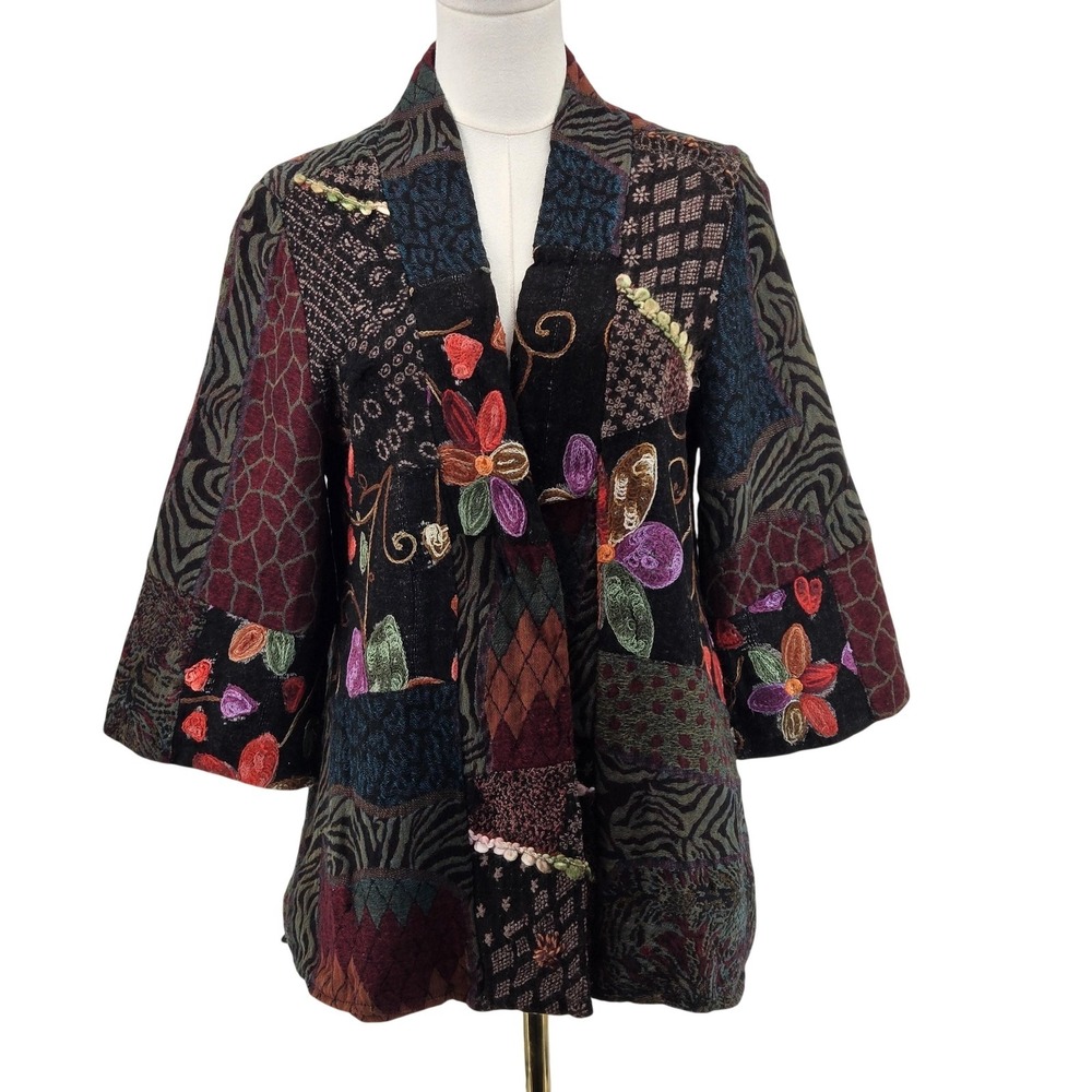 Soft Surroundings Jacket Womens PM Black Floral Tweed Kimono Embroidered Lined